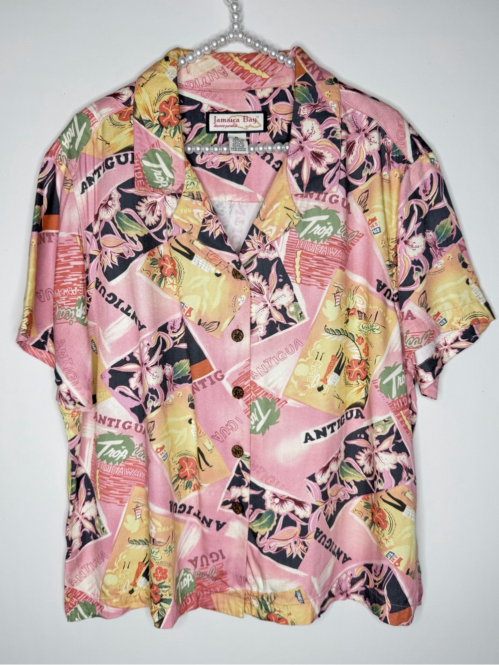 Vintage Jamaica Bay Pink Tropical Button-Down Shirt Top